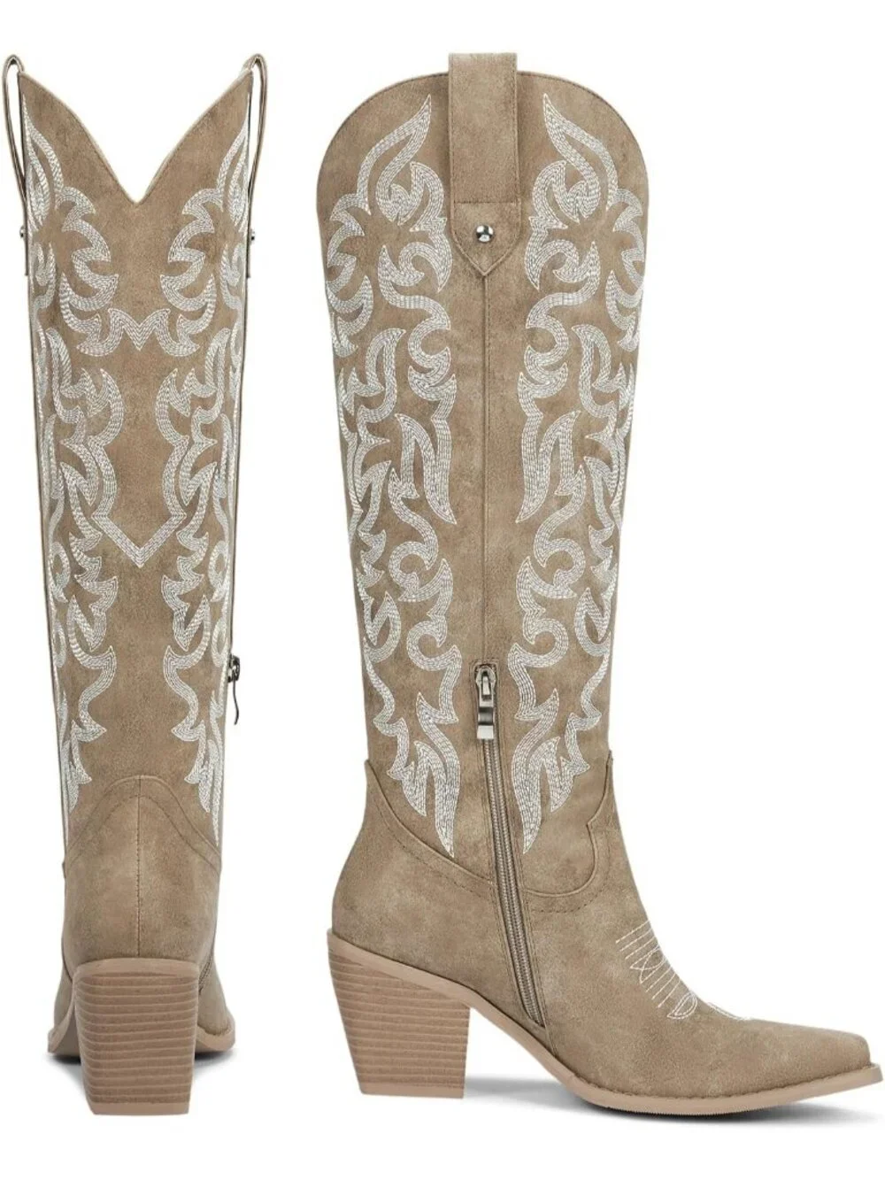 Women's Khaki Knee High Cowboy Boots Chunky Heel Leather Chunky Heel Pull